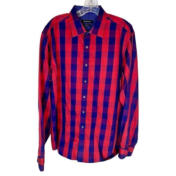 Bugatchi Dress Shirt Flip Cuff Plaid Red Blue Classic Button Up Mens Sz Large - Picture 1 of 8